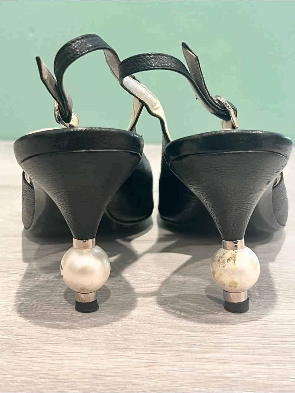 CHANEL Black Open Toe Slingback Pearl Heel